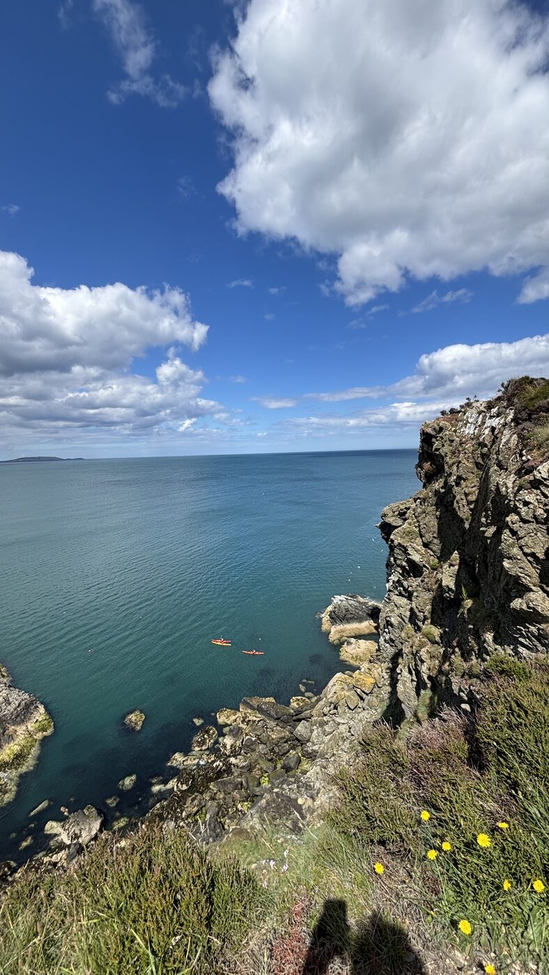 A bright coastal cliff beneath a blue sky